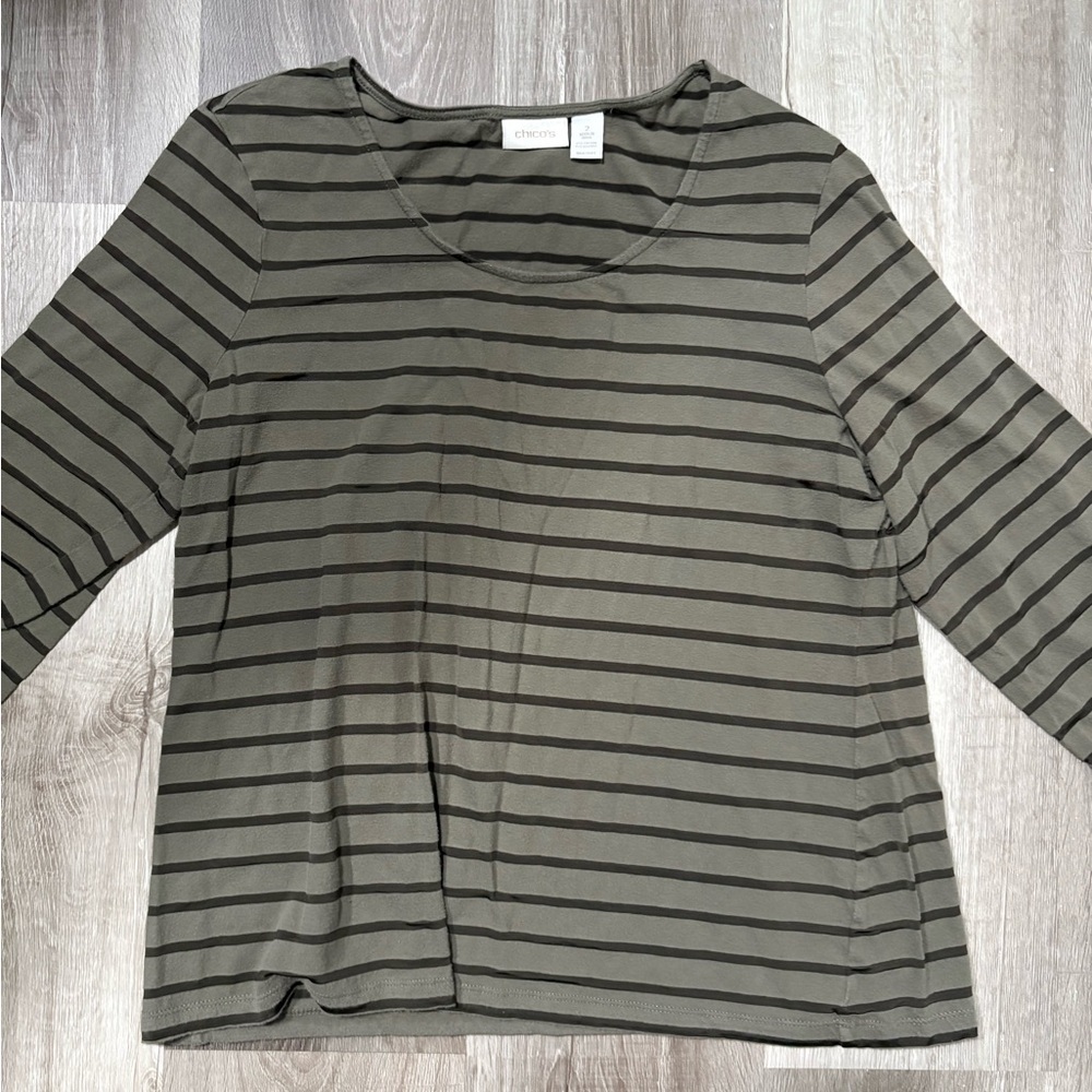 Chico's Olive and Black Striped Long Sleeve Top